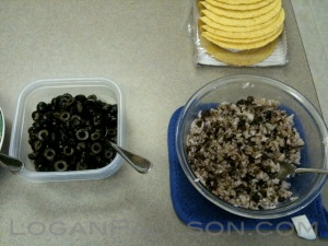 Taco shells, rice and beans, black olives